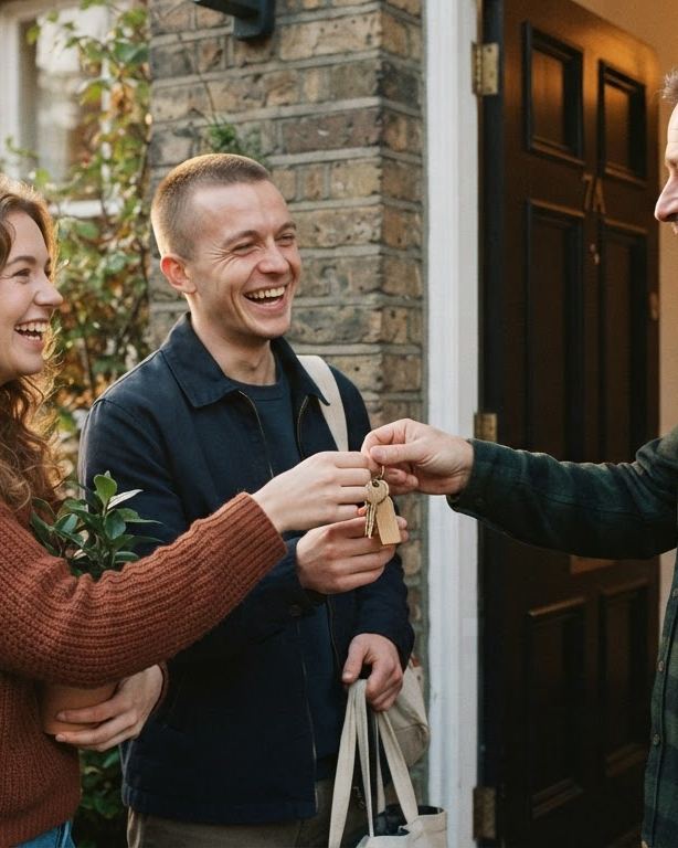 A couple receiving the keys to their new apartment