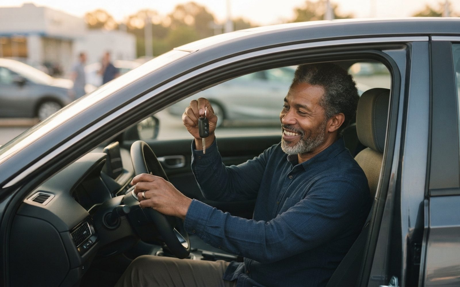 A man holding up the key to his car