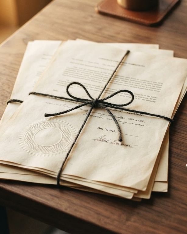 Business formation documents tied with string on a desk