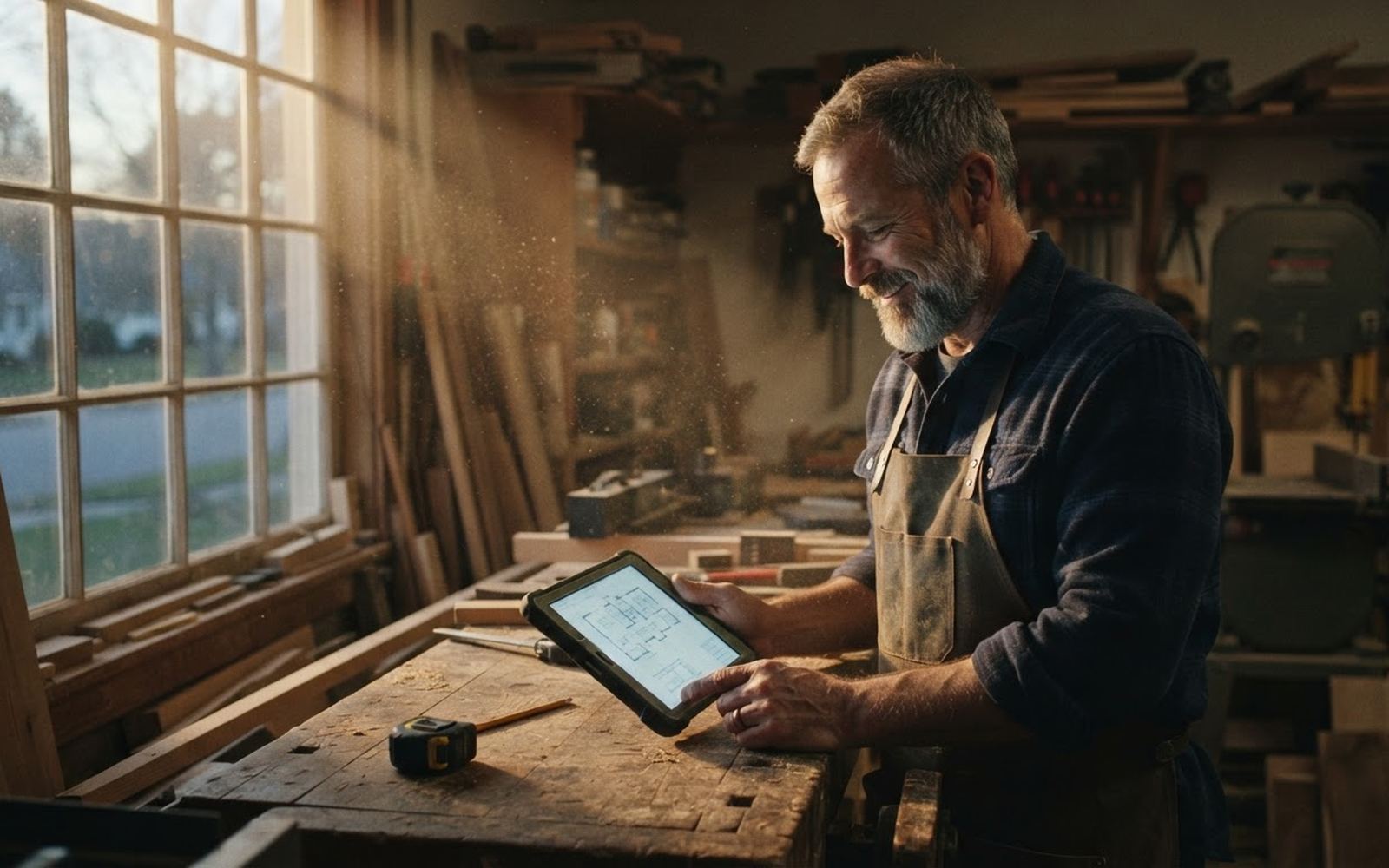 A carpenter reviewing plans on a tablet in his workshop