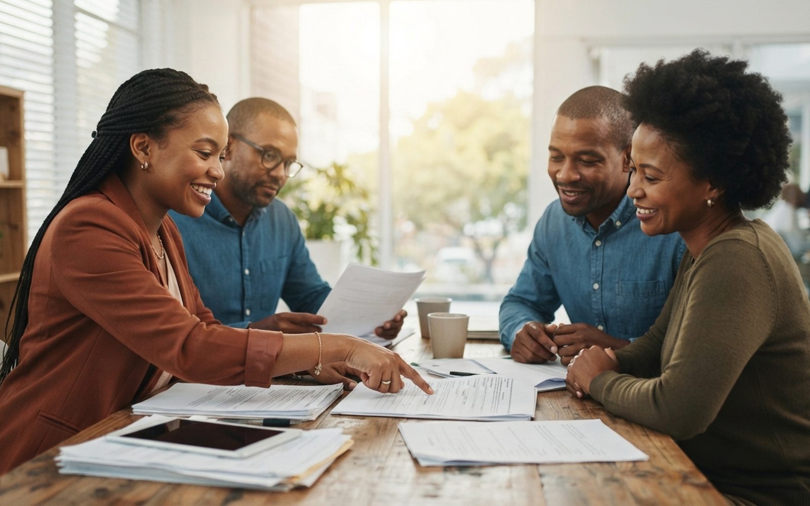 Two advisors reviewing paperwork with a client