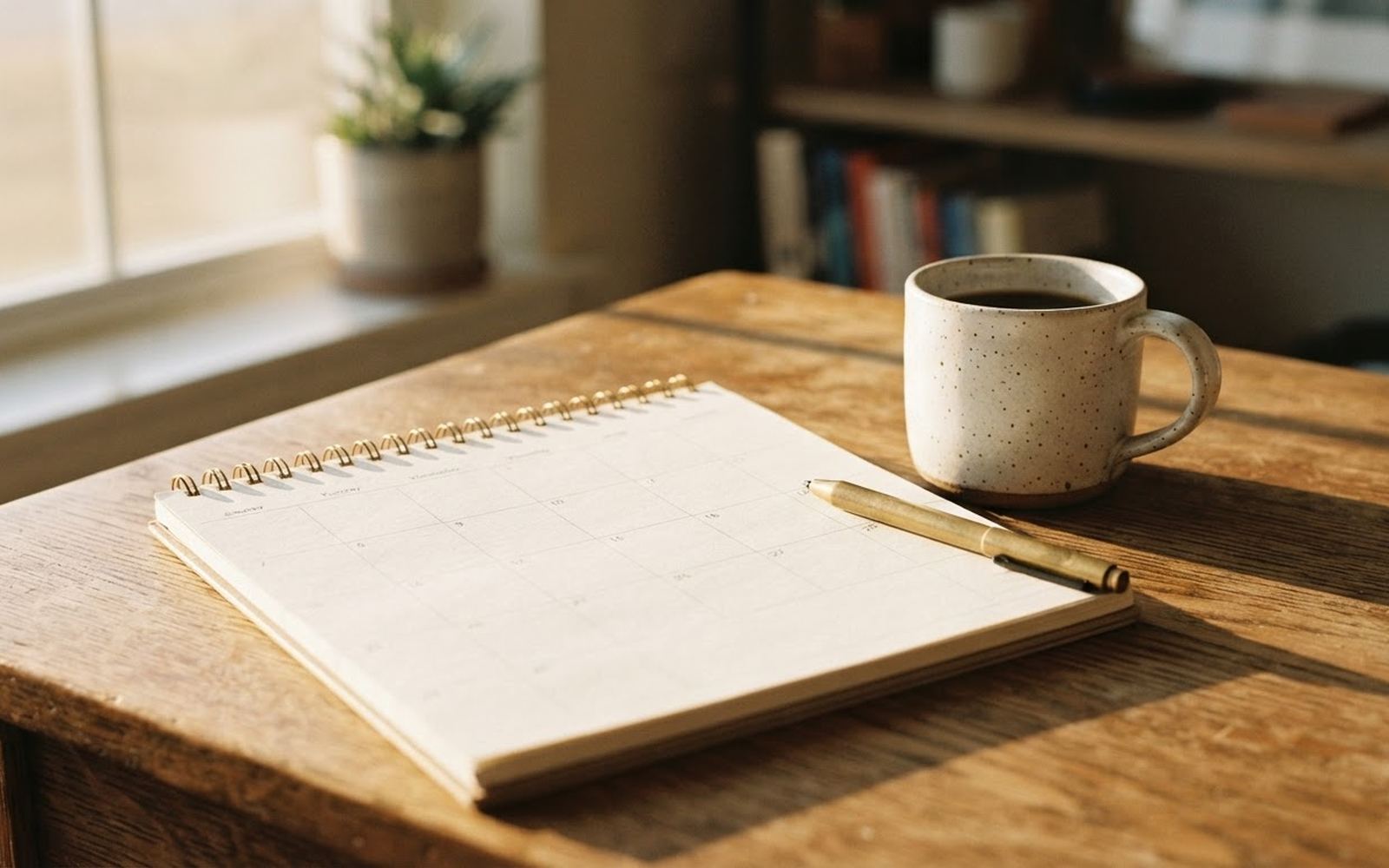 A desk calendar and coffee in early morning light