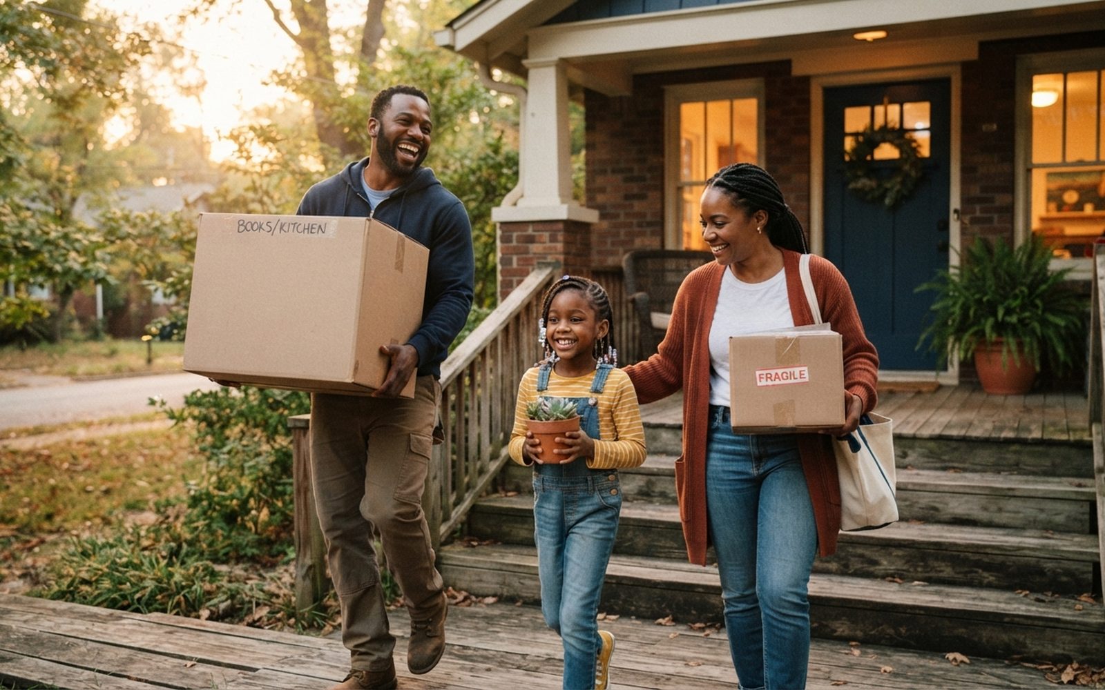 A family carrying boxes into their new home