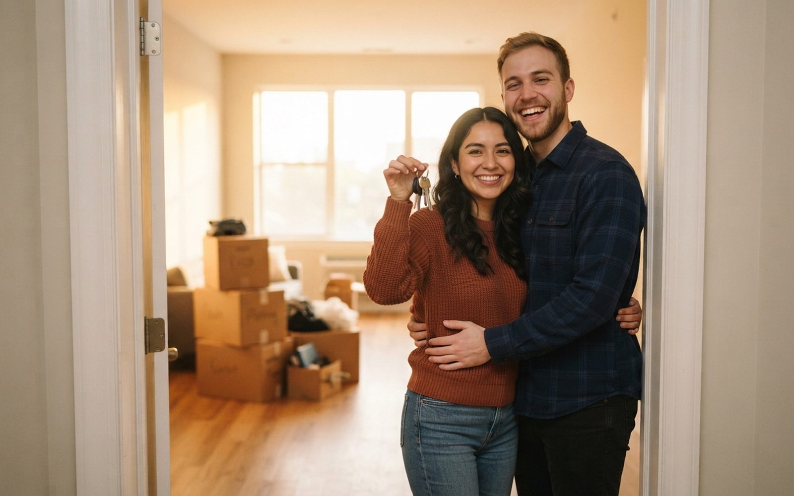 A couple standing in their new apartment