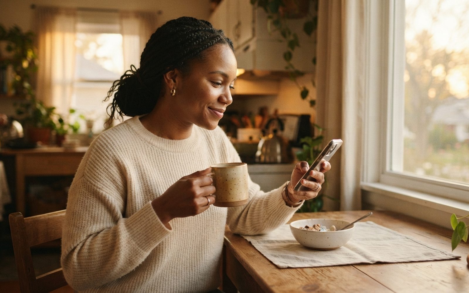 A woman smiling at her phone at the kitchen table