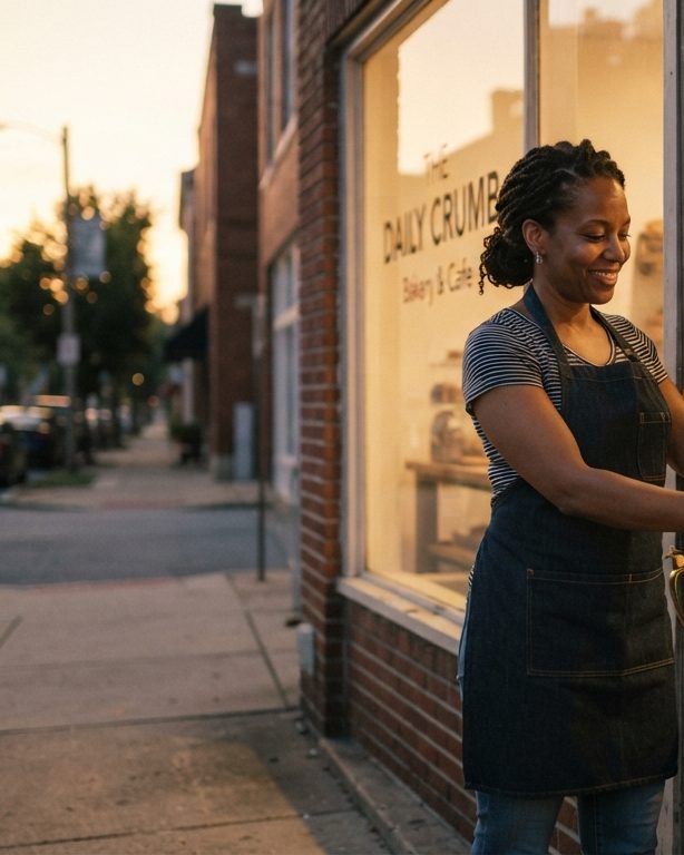 A bakery owner flipping her shop sign to open at dawn