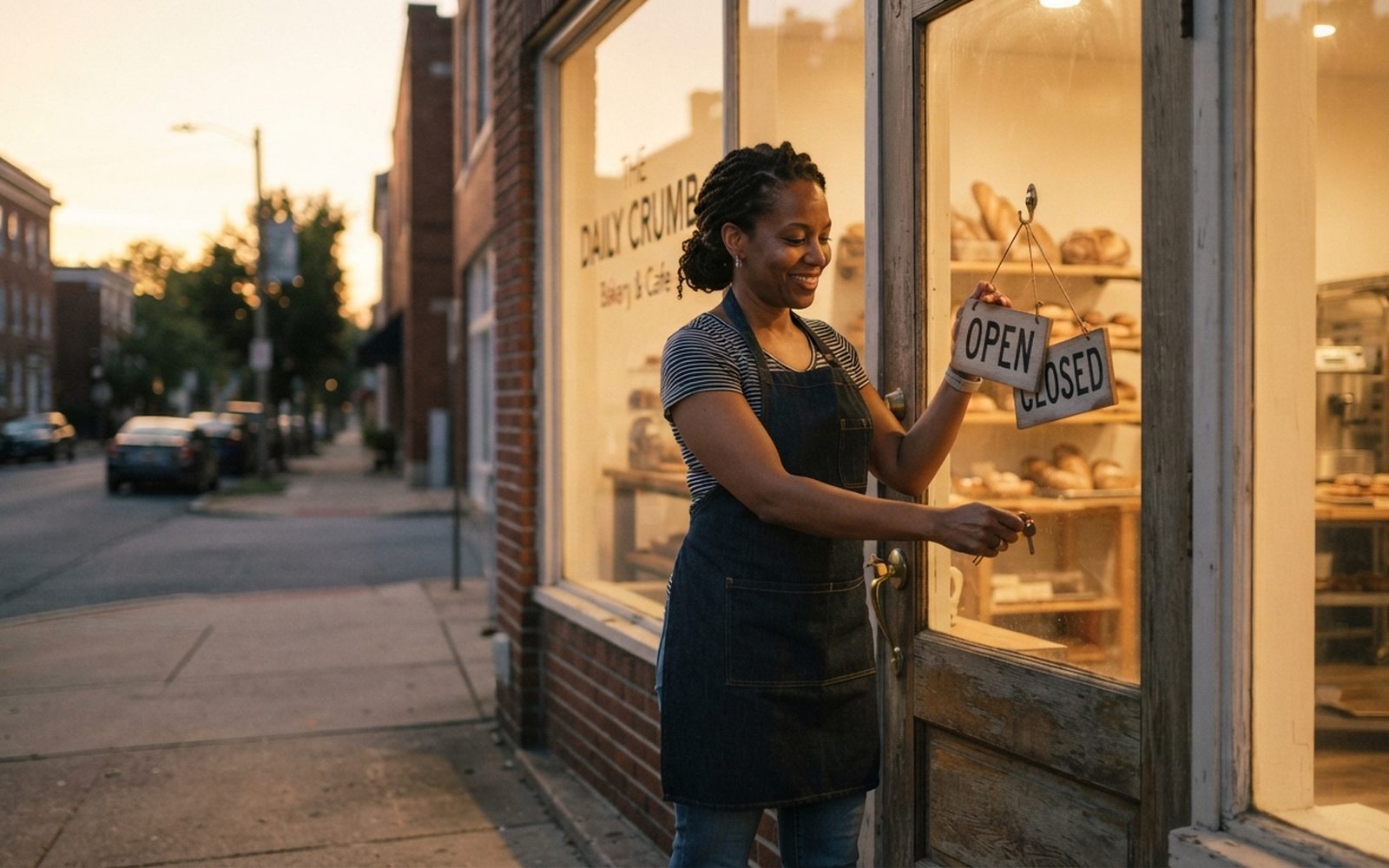 A bakery owner flipping her sign to open