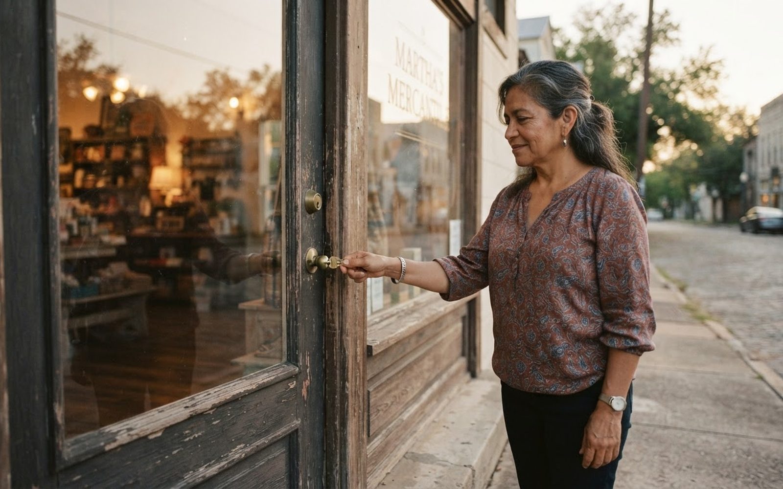 A shop owner unlocking her storefront