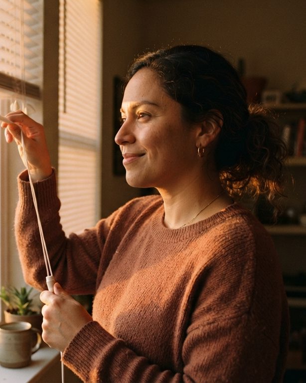 A woman opening her blinds at sunrise