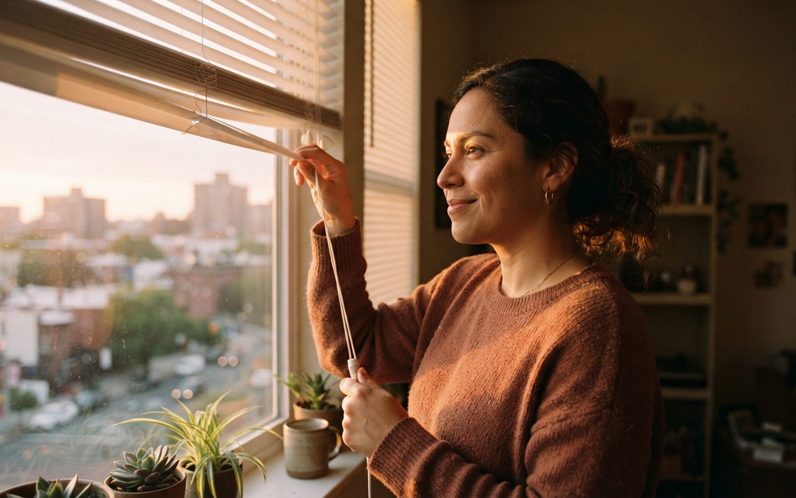 A woman opening her blinds at sunrise