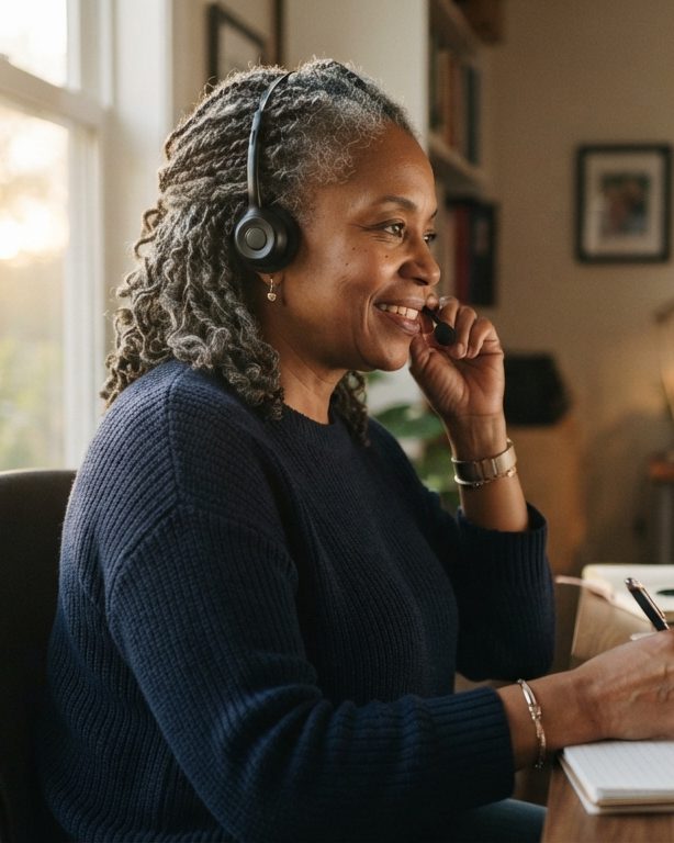 A support specialist on a headset beside a sunny window